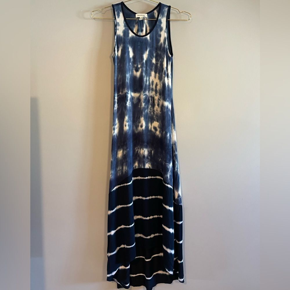 Monteau Navy Blue & White Tie Dye Sleeveless High Low Maxi Dress | SZ XS